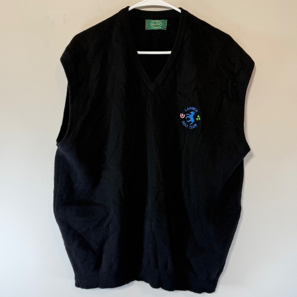 Peter Scott Black Sweater Vest Men's Sz 48 100% Lambs wool Lahinch Golf Club SEE